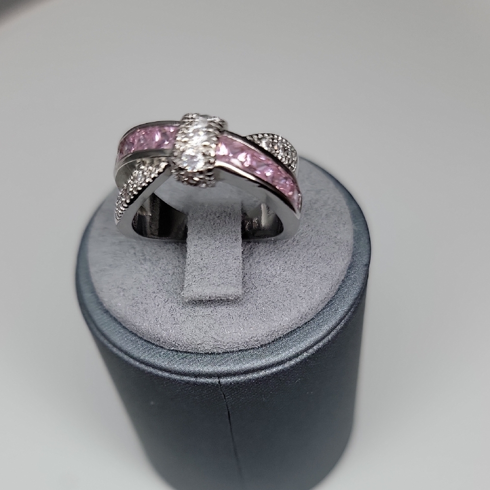 Silver and Pink Crossover Ring with Modern Design 925 Silver Size 7